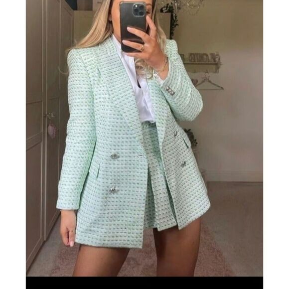 Zara Green Tweed Oversized Double Breasted Blazer Size Small - Picture 1 of 13
